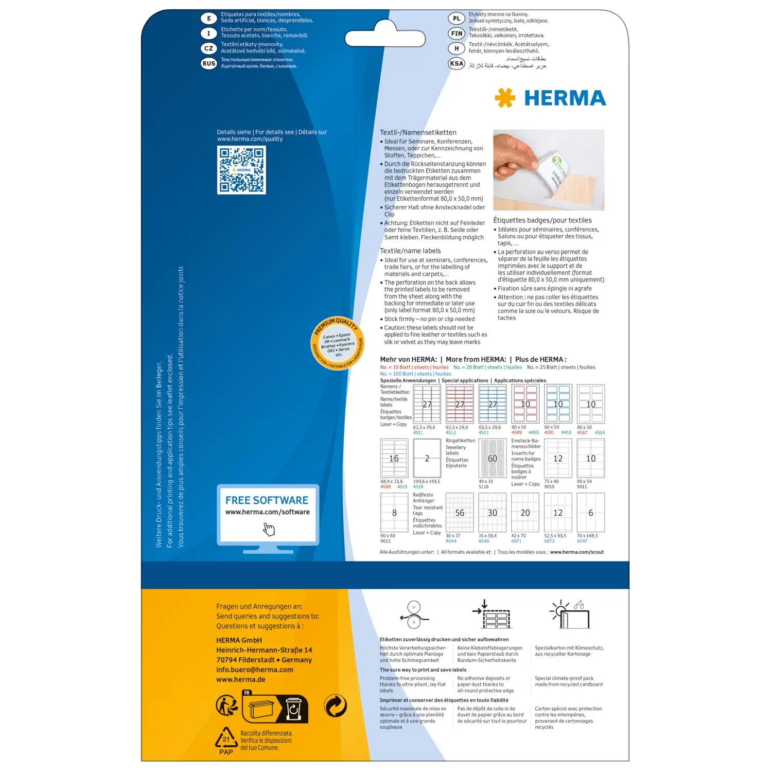 HERMA Schuletiketten – 63,5×29,6 mm, Abgerundete Ecken, 540 Stk, 20 Bogen, Textil, Ablösbar
