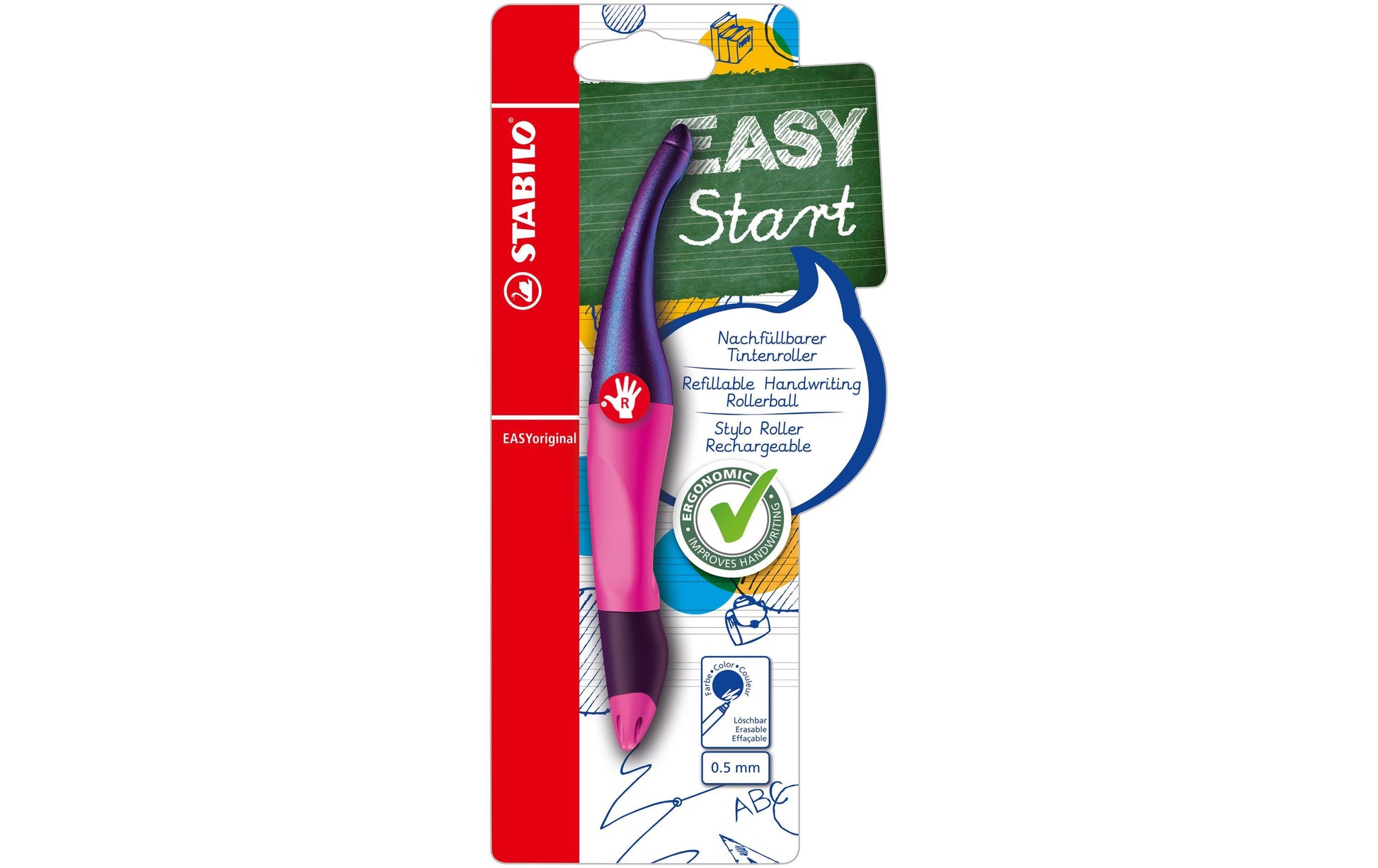 STABILO EASYoriginal – Tintenroller, 0,5 mm, blau, rosa, für Rechtshänder