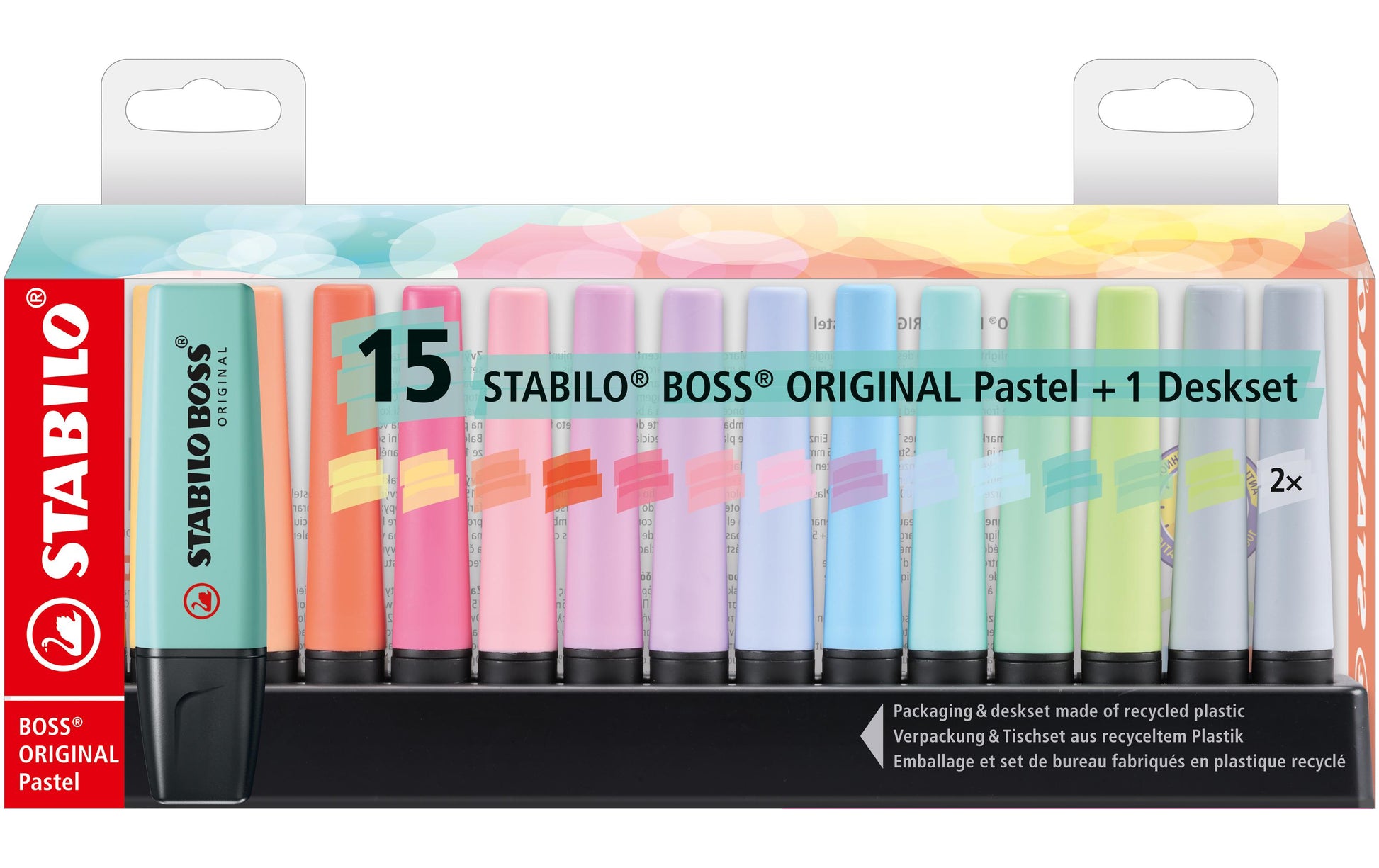 STABILO BOSS Original Pastell Textmarker – 15er Set, Farben sortiert, Keilspitze 2–5 mm, nachfüllbar