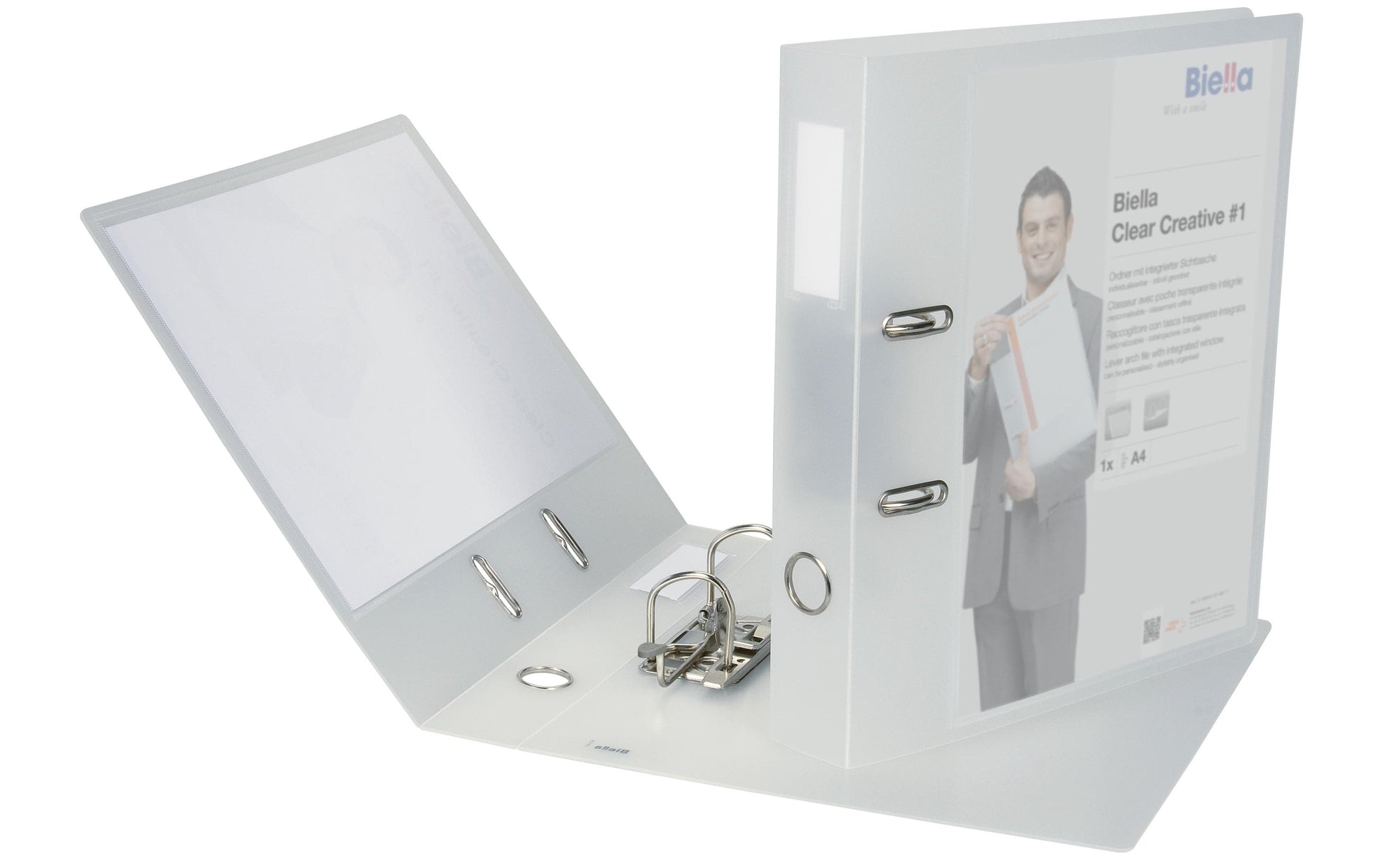 Biella Ordner – A4 hoch – 2-Ring Hebelmechanik – transparent, mit Sichttasche, mit Griffloch