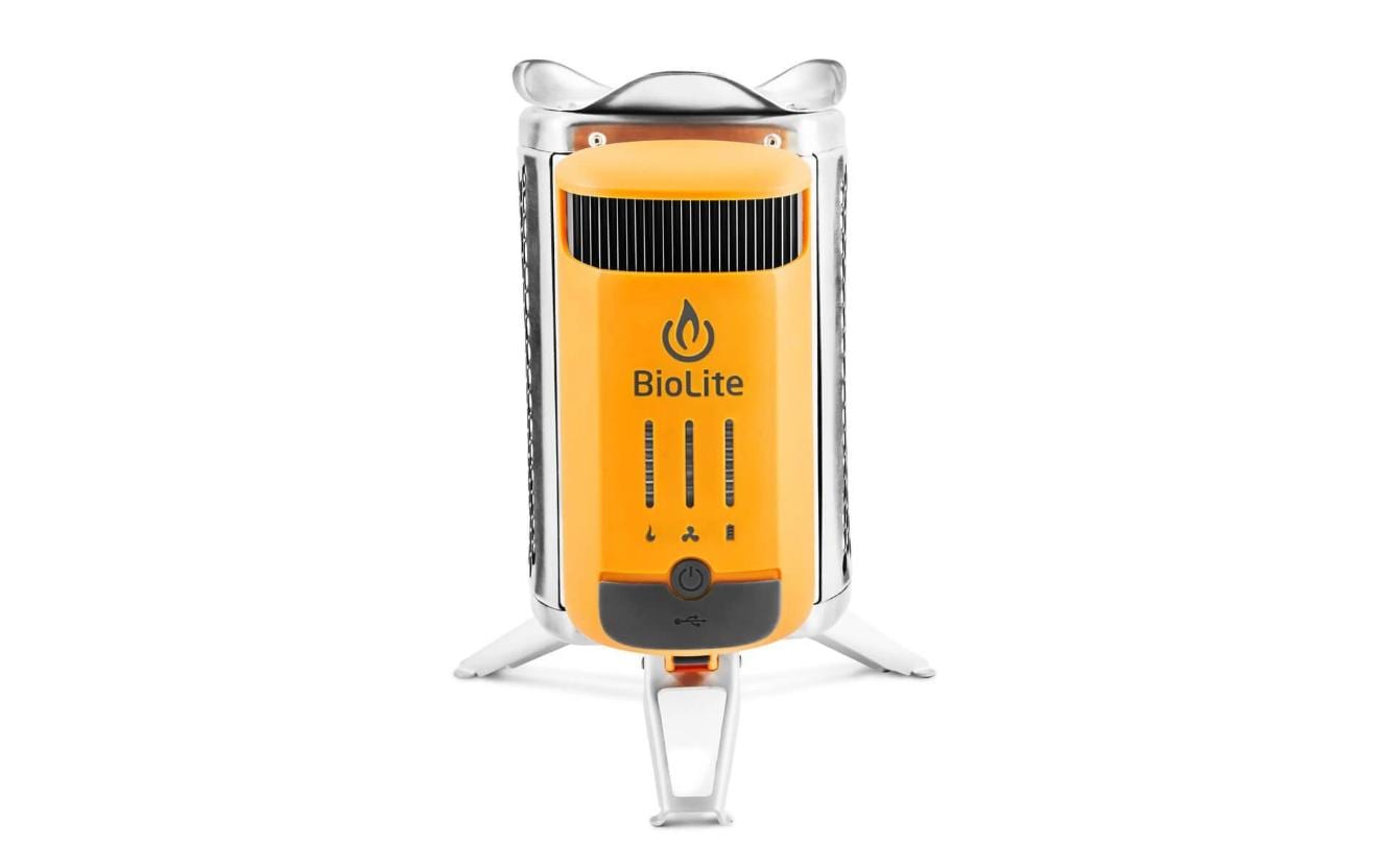 BioLite Camping-Kocher Campstove 2+ – Holz, 3200 mAh Akku, USB-Ladeausgang – Gelb/Aluminium