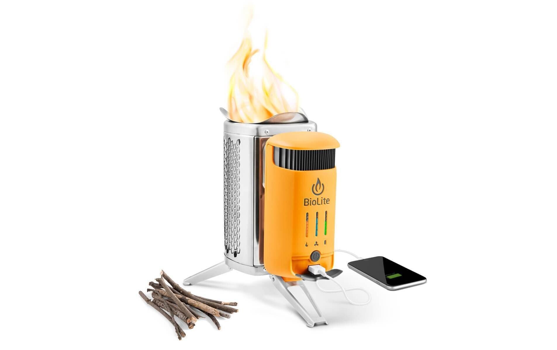 BioLite Camping-Kocher Campstove 2+ – Holz, 3200 mAh Akku, USB-Ladeausgang – Gelb/Aluminium