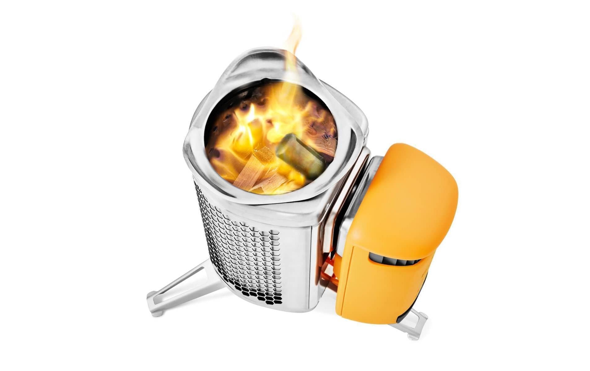 BioLite Camping-Kocher Campstove 2+ – Holz, 3200 mAh Akku, USB-Ladeausgang – Gelb/Aluminium