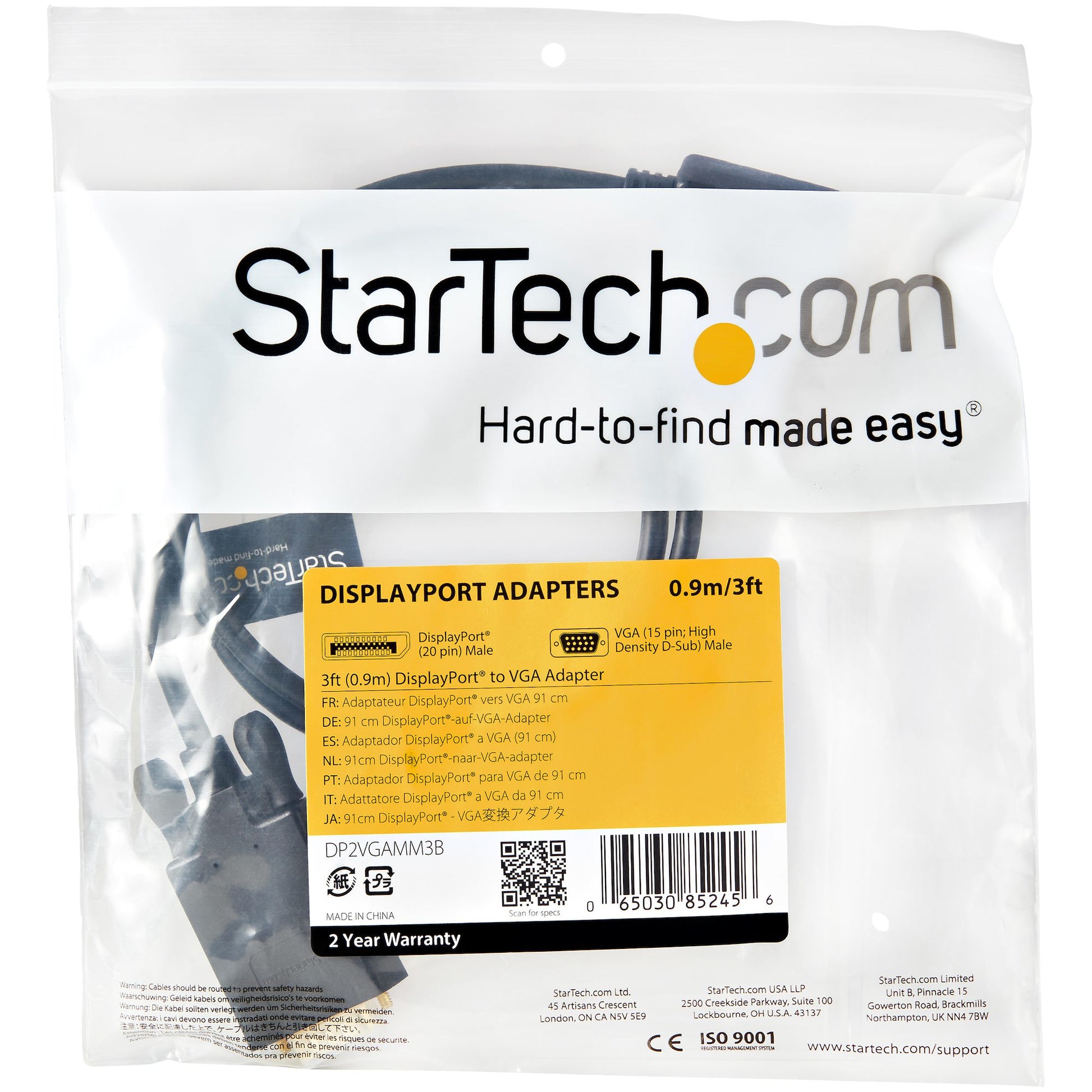 StarTech.com DisplayPort-zu-VGA-Kabel – 2048 × 1280 @ 60 Hz, 0,91 m, DisplayPort 1.2, aktiv – Schwarz