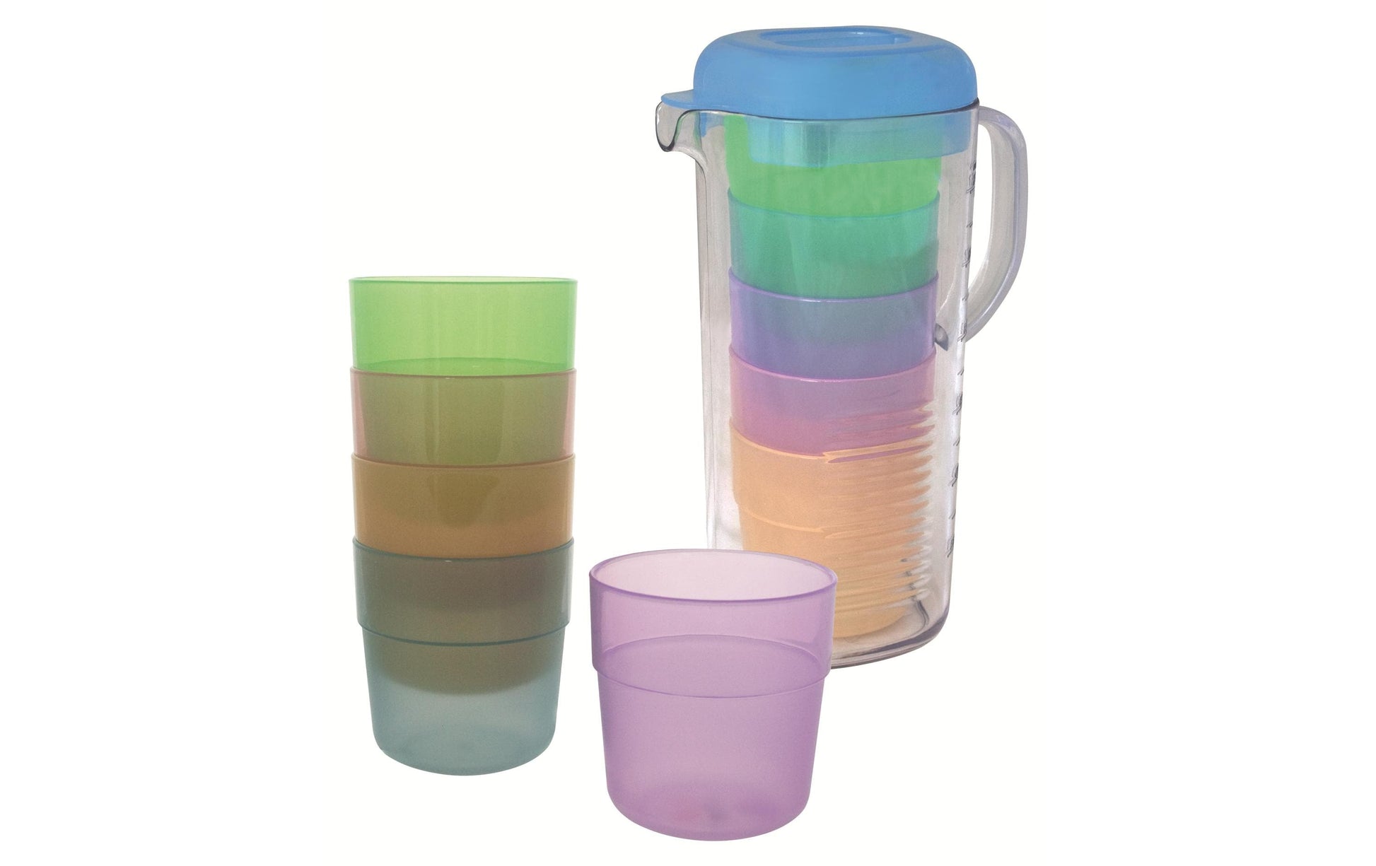 Eurotrail Karaffe mit Gläsern – 6-teiliges Set, 1,3 l, Kunststoff (SAN), Mehrfarbig, mit Deckel