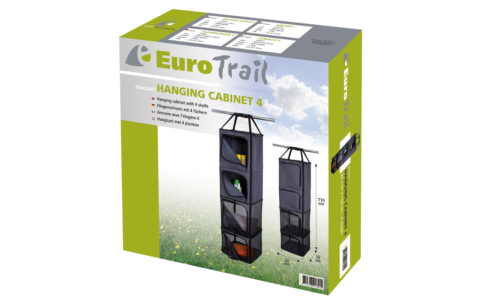 Eurotrail Hängeregal mit 4 Etagen – Seilbefestigung – für Wohnwagen/Van – 33×110×31 cm – Grau, Polyester