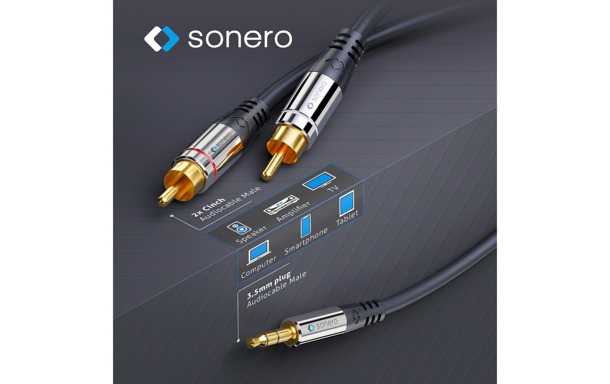 Sonero 3,5-mm-auf-2×-Cinch-Adapterkabel – Stecker-zu-Stecker – 1 m, vergoldete Stecker