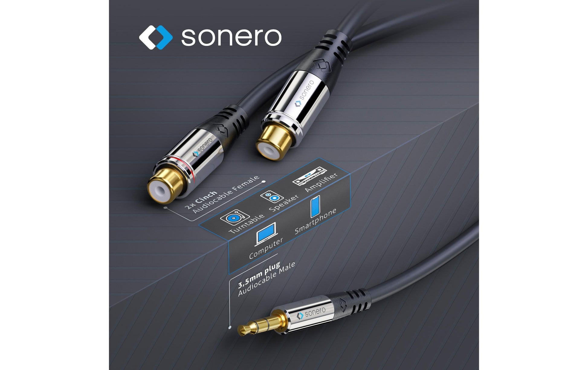 Sonero 3,5 mm auf 2× Cinch Adapterkabel – Stecker zu Stecker – 0,25 m, vergoldete Stecker