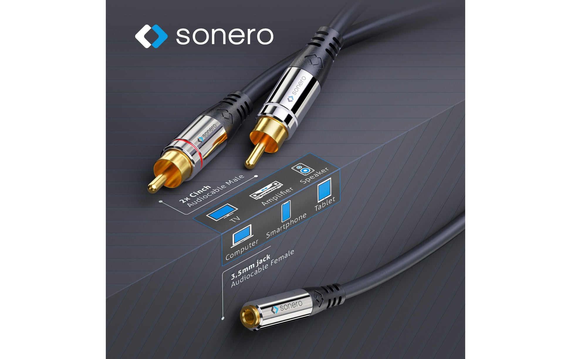 Sonero 3,5 mm auf 2× Cinch Adapterkabel – 2× Cinch Stecker zu 3,5 mm Klinkenstecker – 0,25 m, vergoldete Stecker