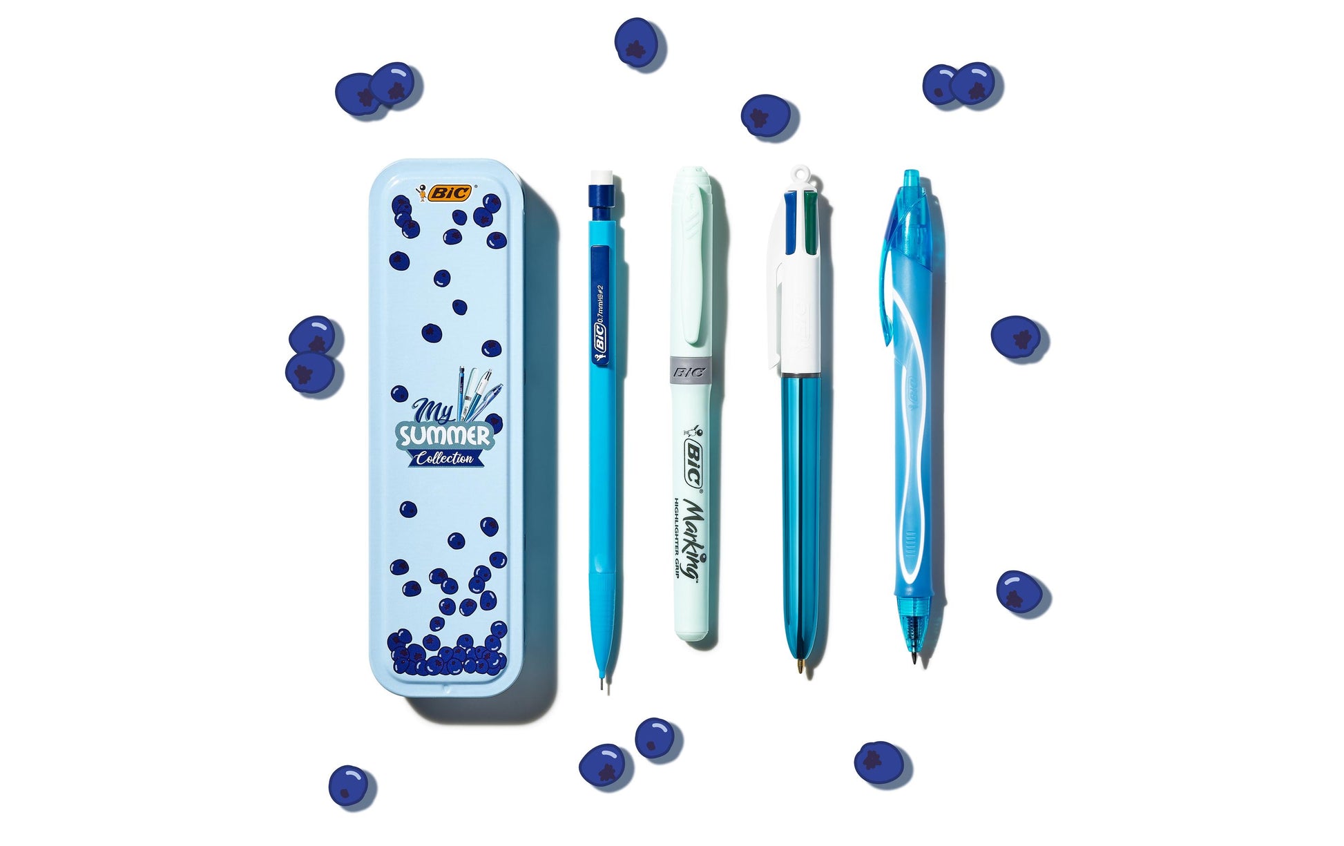 BIC Summer Blue Box Schreibset – Kugelschreiber, Schwarz, Blau, Grün, Rot, Druck, nachfüllbar, Metallbox