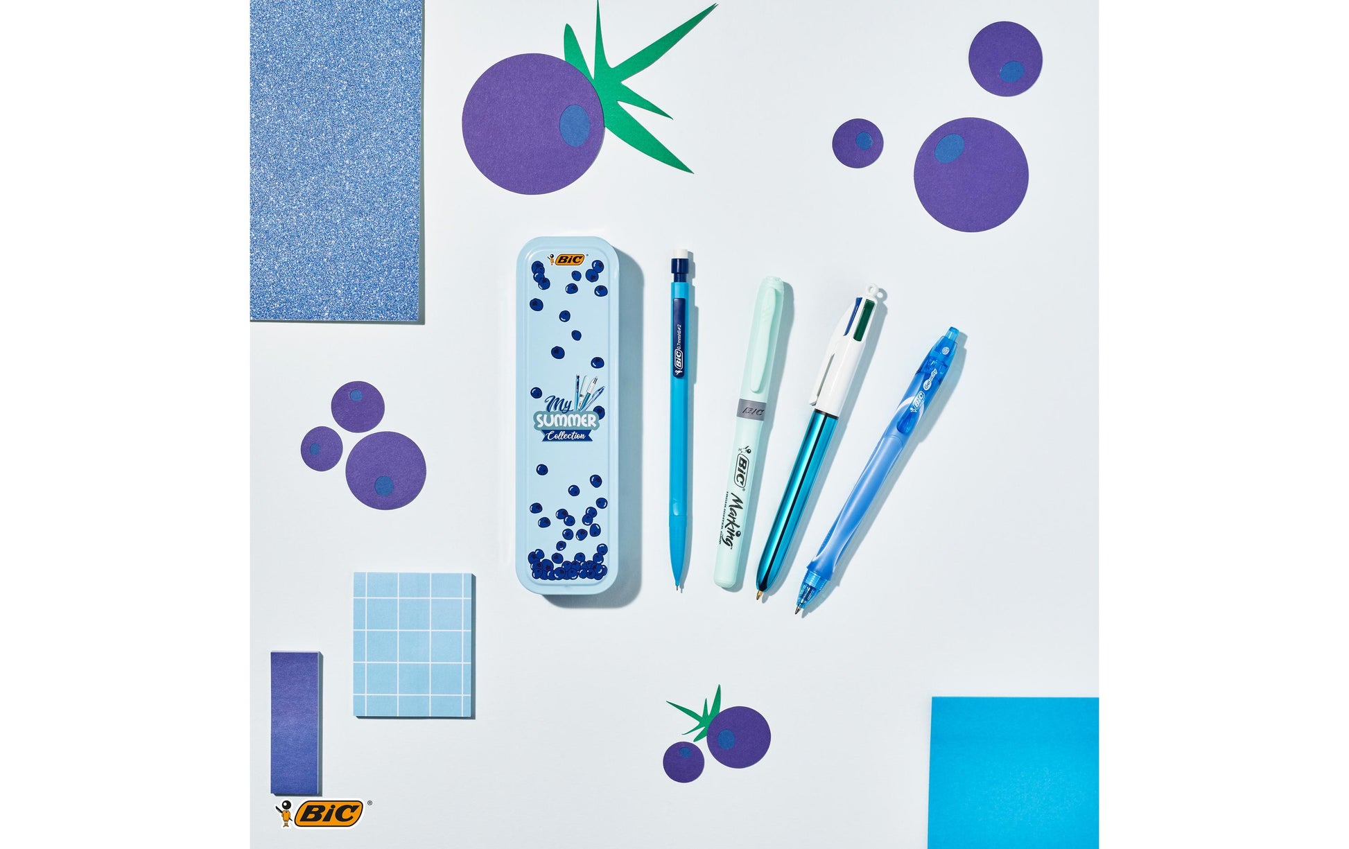 BIC Summer Blue Box Schreibset – Kugelschreiber, Schwarz, Blau, Grün, Rot, Druck, nachfüllbar, Metallbox