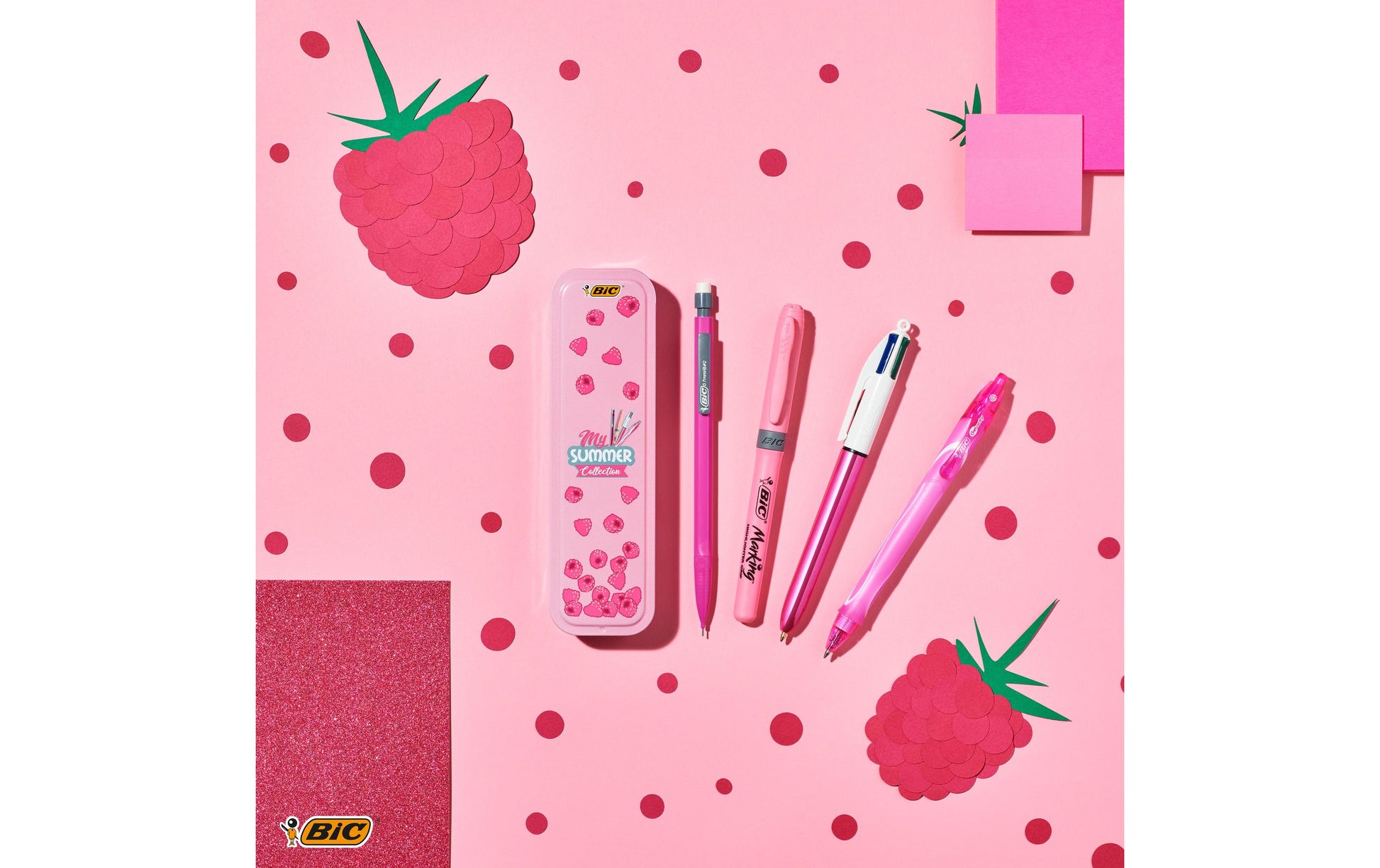 BIC Schreibset Summer – mit Kugelschreiber, Druckbleistift, Textmarker – in Metallbox – Pink
