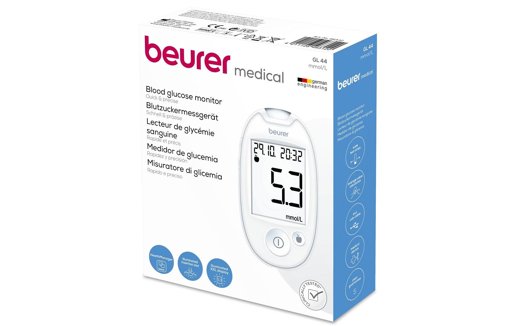 Beurer Blutzuckermessgerät GL 44 – Messdauer 5 s, Messbereich 1,1–35 mmol/L – weiss