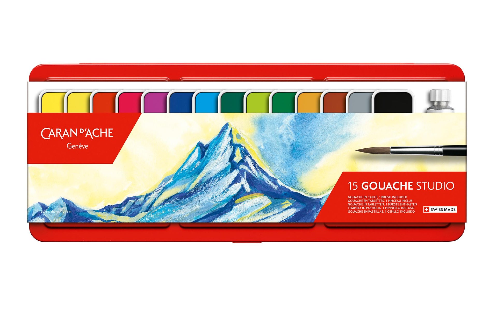 Caran d-Ache Caran d'Ache – Studio – Gouache – Set – 14 Farben, inklusive Deckweiss, mit Pinsel
