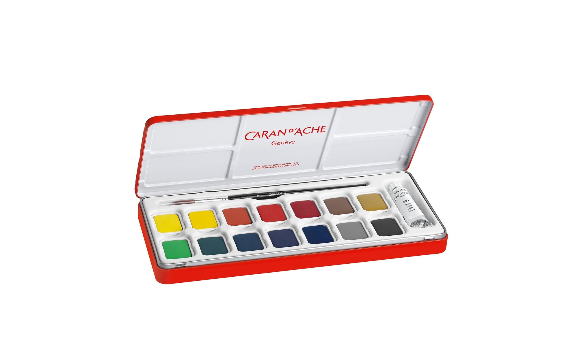 Caran d-Ache Caran d'Ache – Studio – Gouache – Set – 14 Farben, inklusive Deckweiss, mit Pinsel