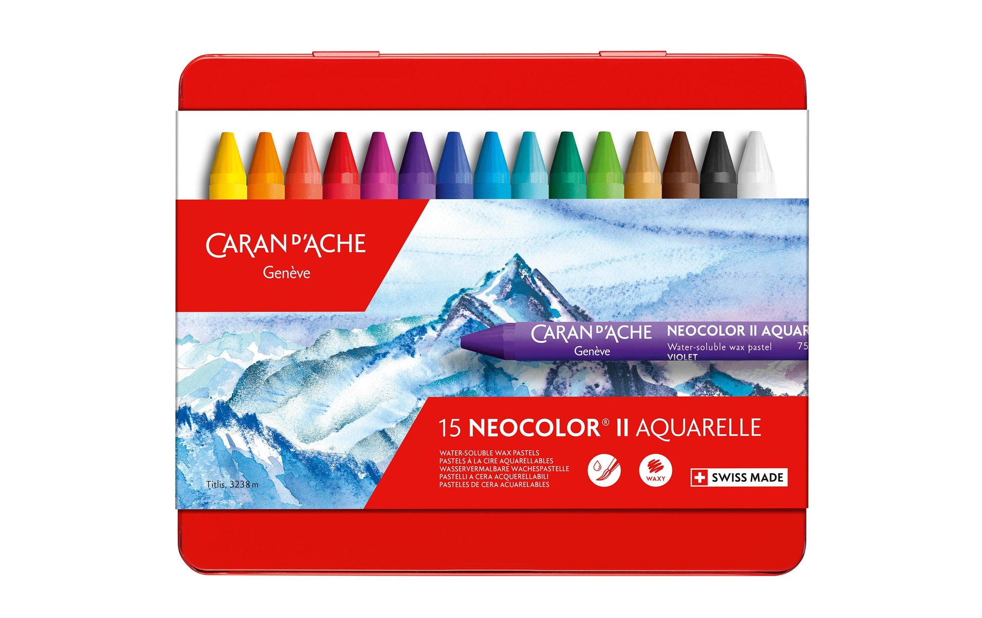 Caran d-Ache Caran d'Ache Neocolor II Aquarellfarbstifte-Set – 15 Farben, Mine Ø 8,6 mm, Metallschachtel