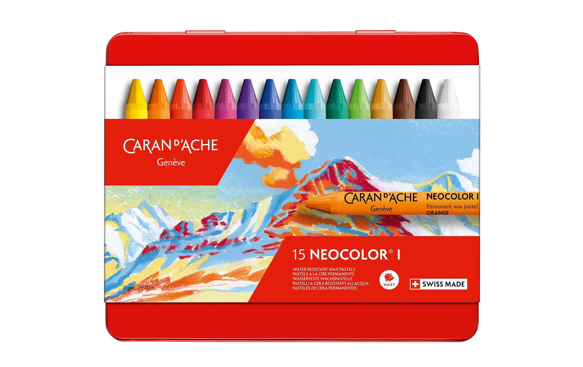 Caran d-Ache Caran d'Ache Neocolor I Farbstifte-Set – 15 Farben, Mine Ø 8,6 mm, Metallschachtel