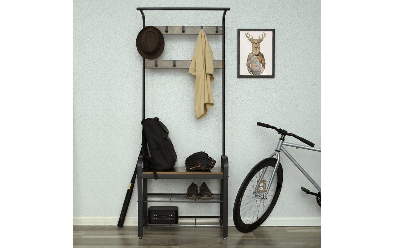 Vasagle Garderobenständer – 9 Haken, Stahl/Holz, Schwarz/Braun, 72 × 33,7 × 183 cm