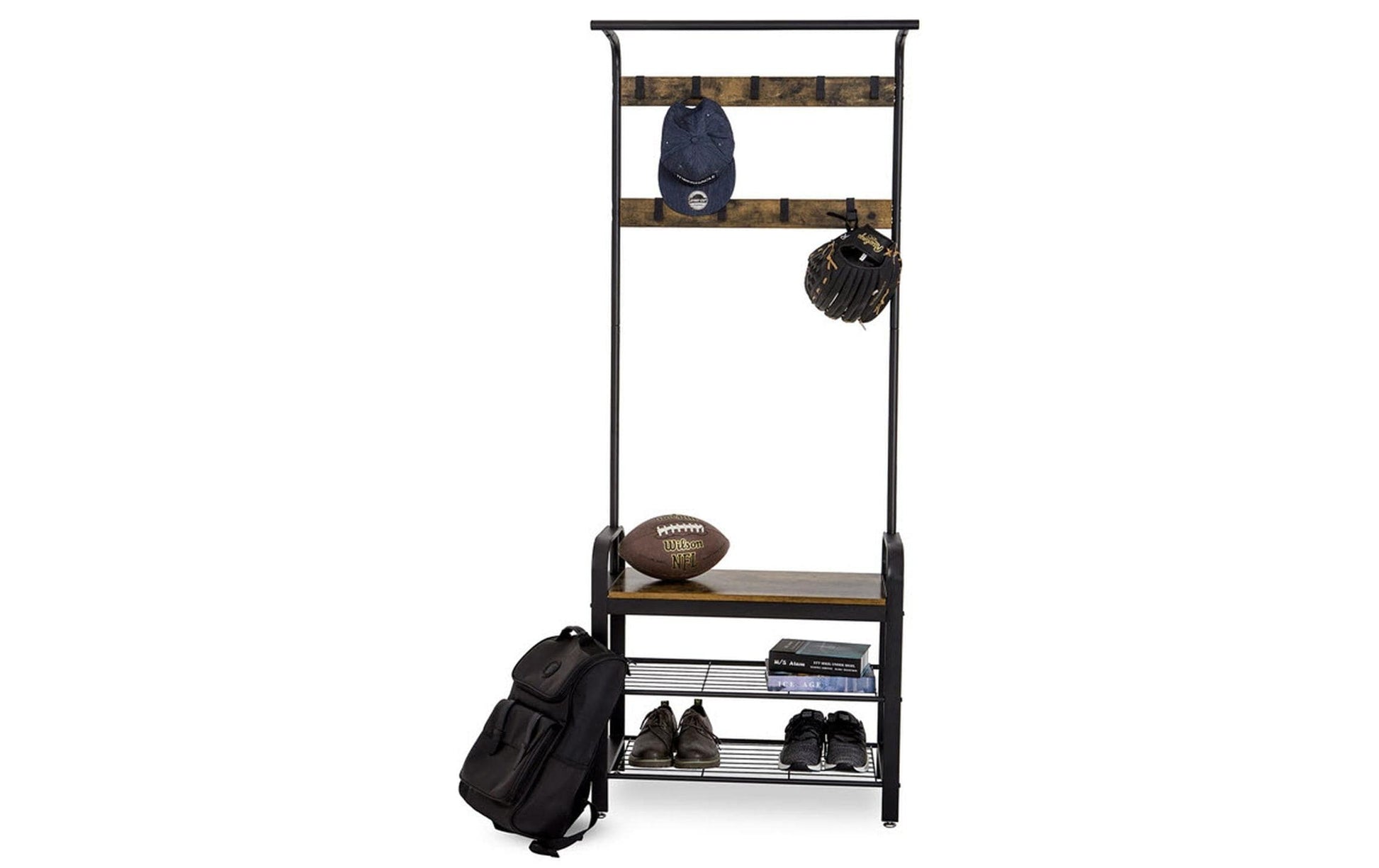 Vasagle Garderobenständer – 9 Haken, Stahl/Holz, Schwarz/Braun, 72 × 33,7 × 183 cm