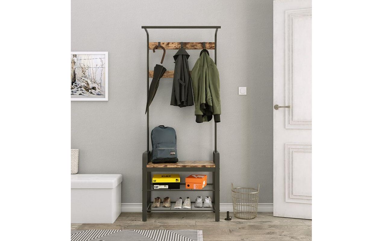 Vasagle Garderobenständer – 9 Haken, Stahl/Holz, Schwarz/Braun, 72 × 33,7 × 183 cm