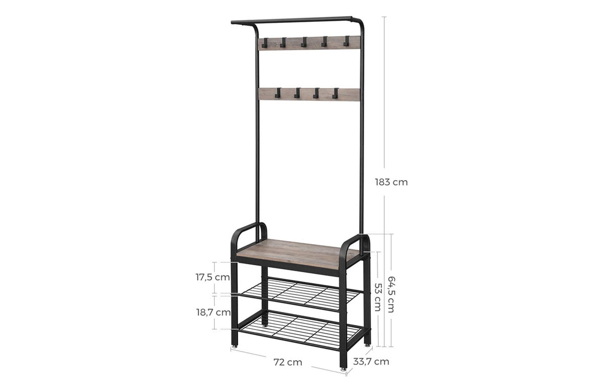 Vasagle Garderobenständer – 9 Haken, Stahl/Spanplatte, Grau/Schwarz, 72 × 33,7 × 183 cm