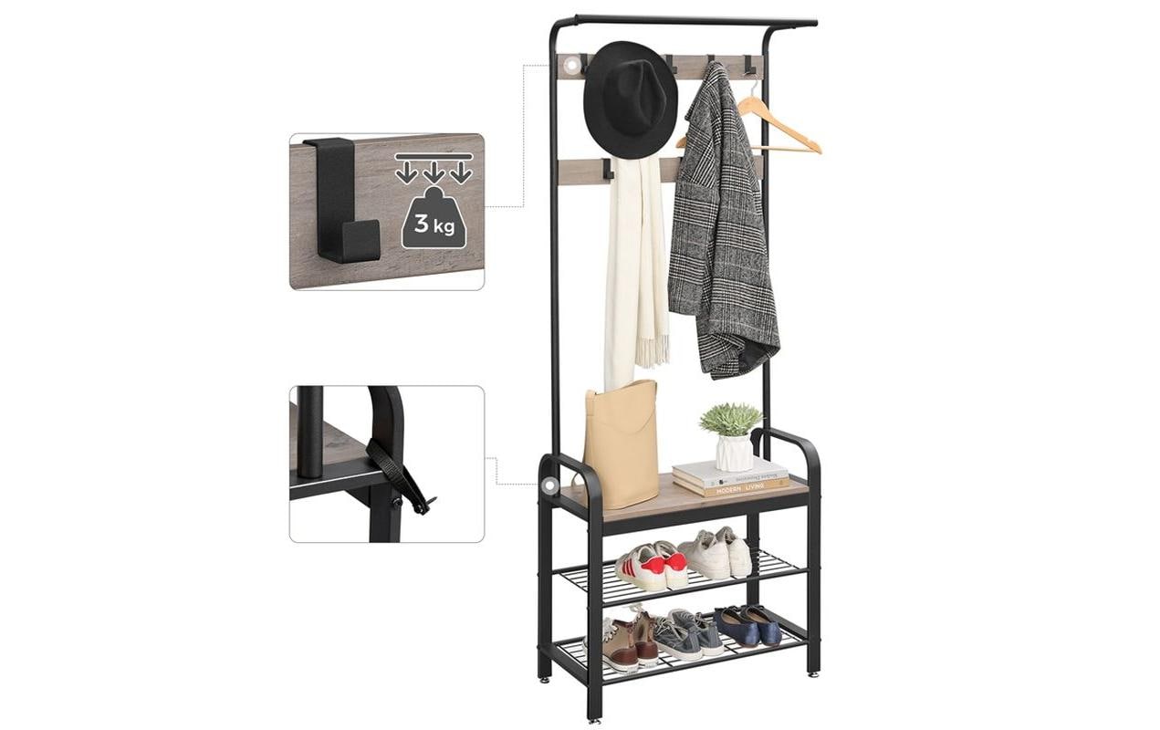 Vasagle Garderobenständer – 9 Haken, Stahl/Spanplatte, Grau/Schwarz, 72 × 33,7 × 183 cm