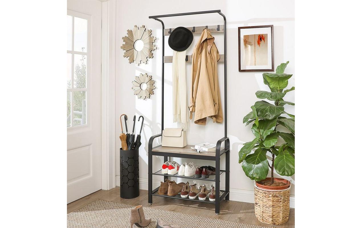 Vasagle Garderobenständer – 9 Haken, Stahl/Spanplatte, Grau/Schwarz, 72 × 33,7 × 183 cm