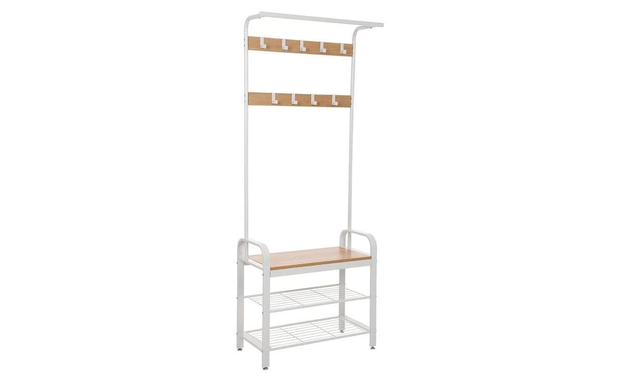 Vasagle Garderobenständer – 9 Haken, Stahl/Spanplatte, Weiss/Natur, 72 × 33,7 × 183 cm