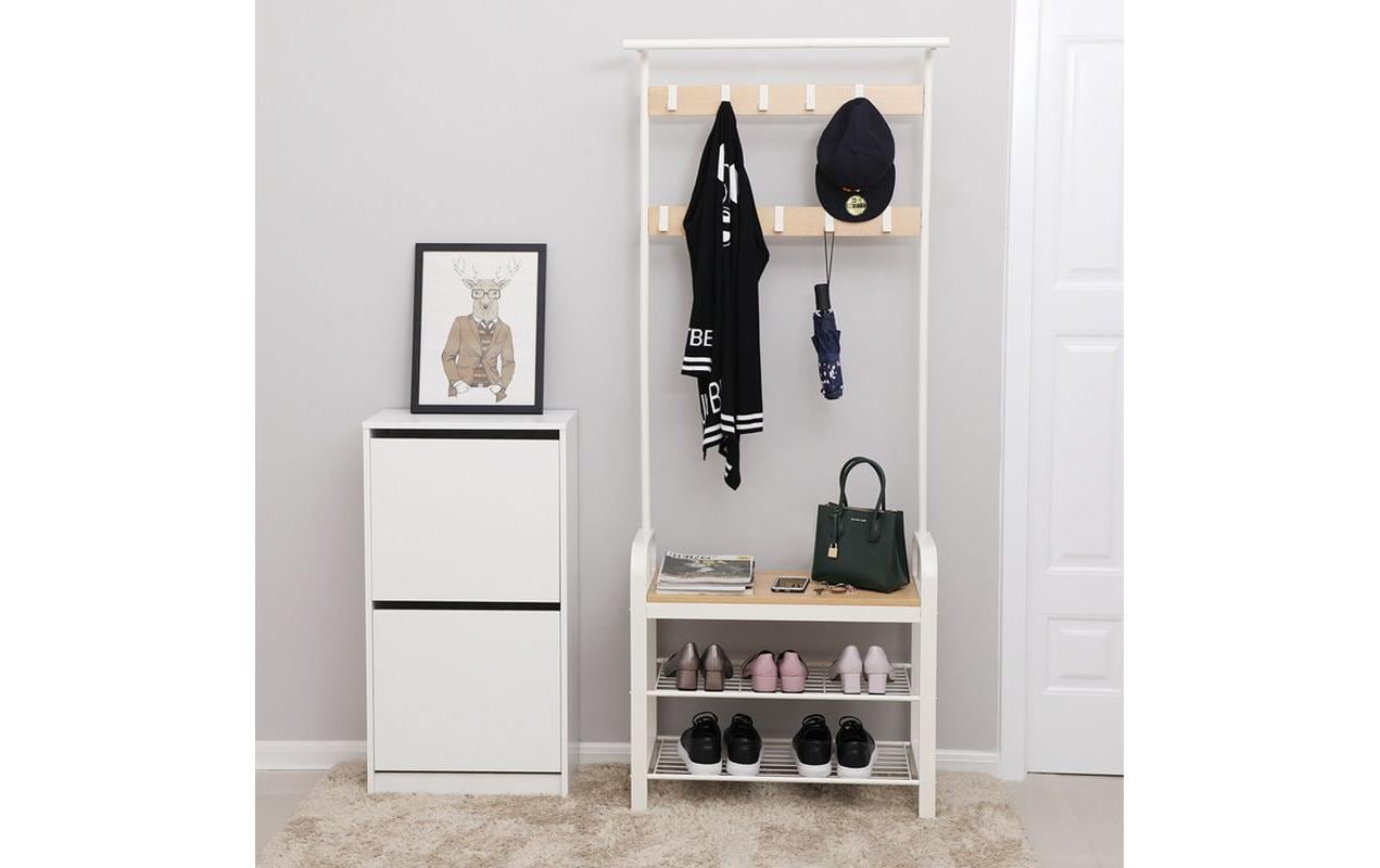 Vasagle Garderobenständer – 9 Haken, Stahl/Spanplatte, Weiss/Natur, 72 × 33,7 × 183 cm