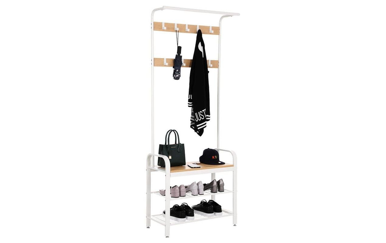 Vasagle Garderobenständer – 9 Haken, Stahl/Spanplatte, Weiss/Natur, 72 × 33,7 × 183 cm