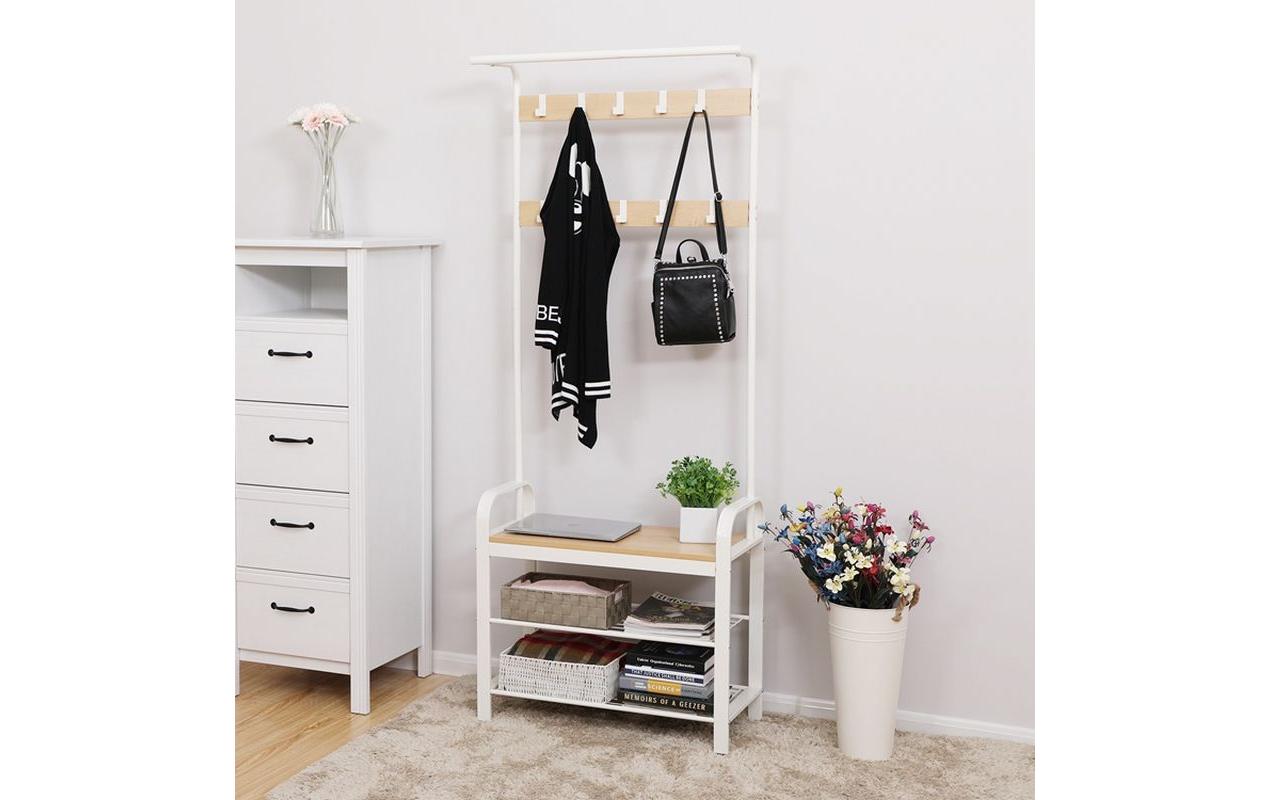 Vasagle Garderobenständer – 9 Haken, Stahl/Spanplatte, Weiss/Natur, 72 × 33,7 × 183 cm