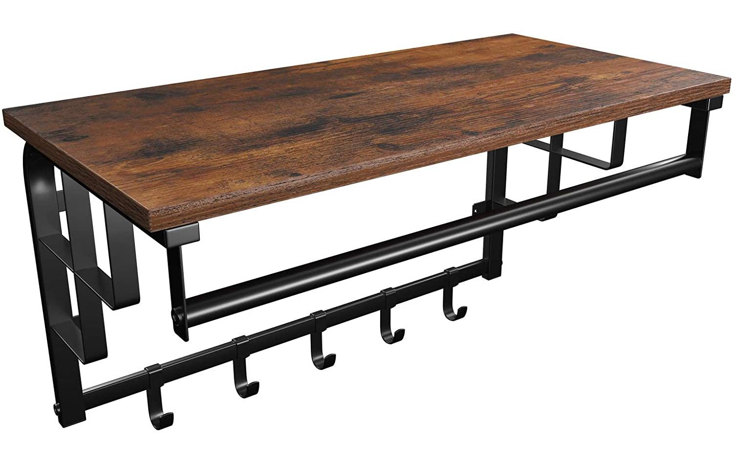 Vasagle Wandgarderobe – 5 Haken, Stahl/MDF, Schwarz/Braun, 66 × 30 × 27 cm