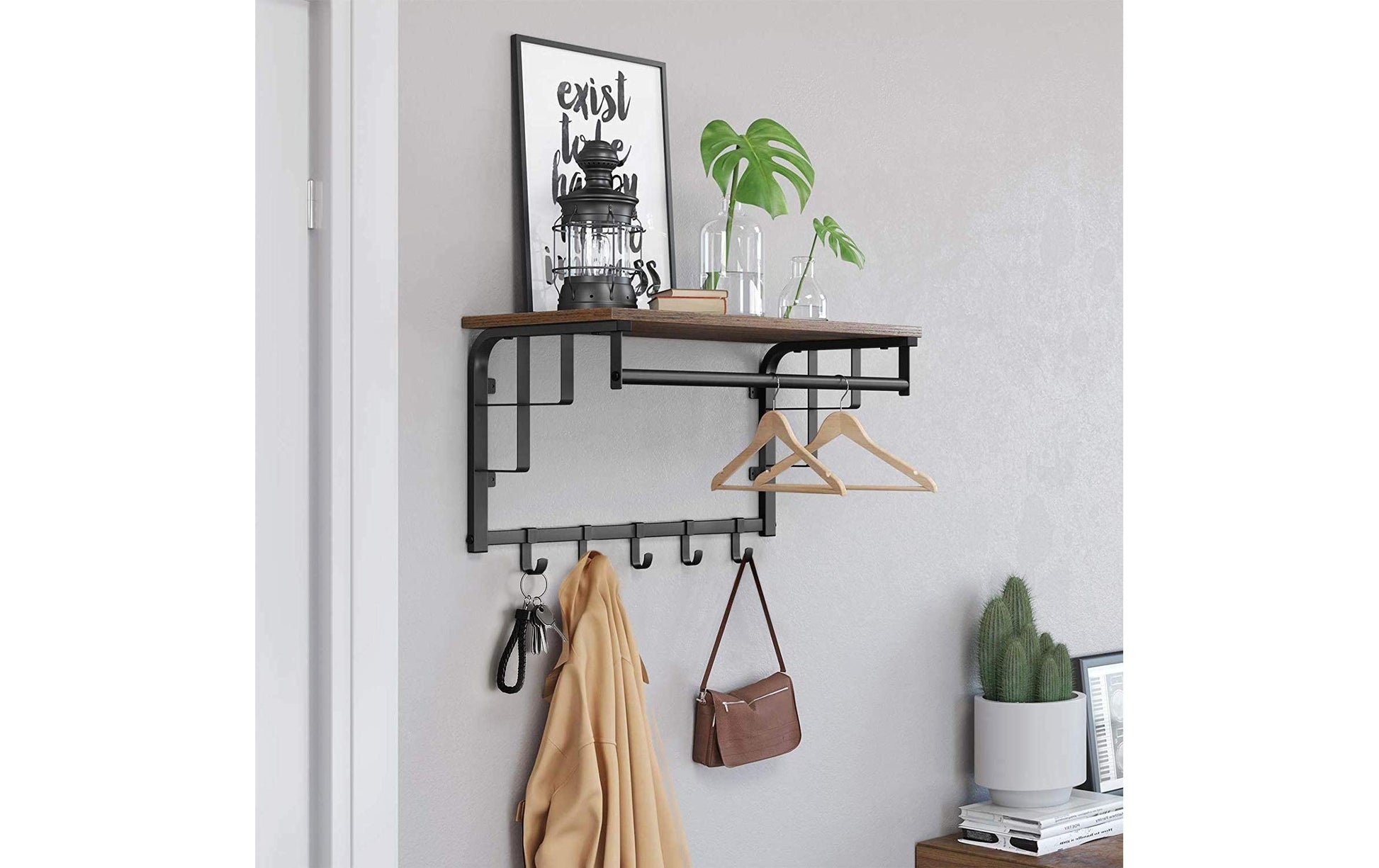 Vasagle Wandgarderobe – 5 Haken, Stahl/MDF, Schwarz/Braun, 66 × 30 × 27 cm
