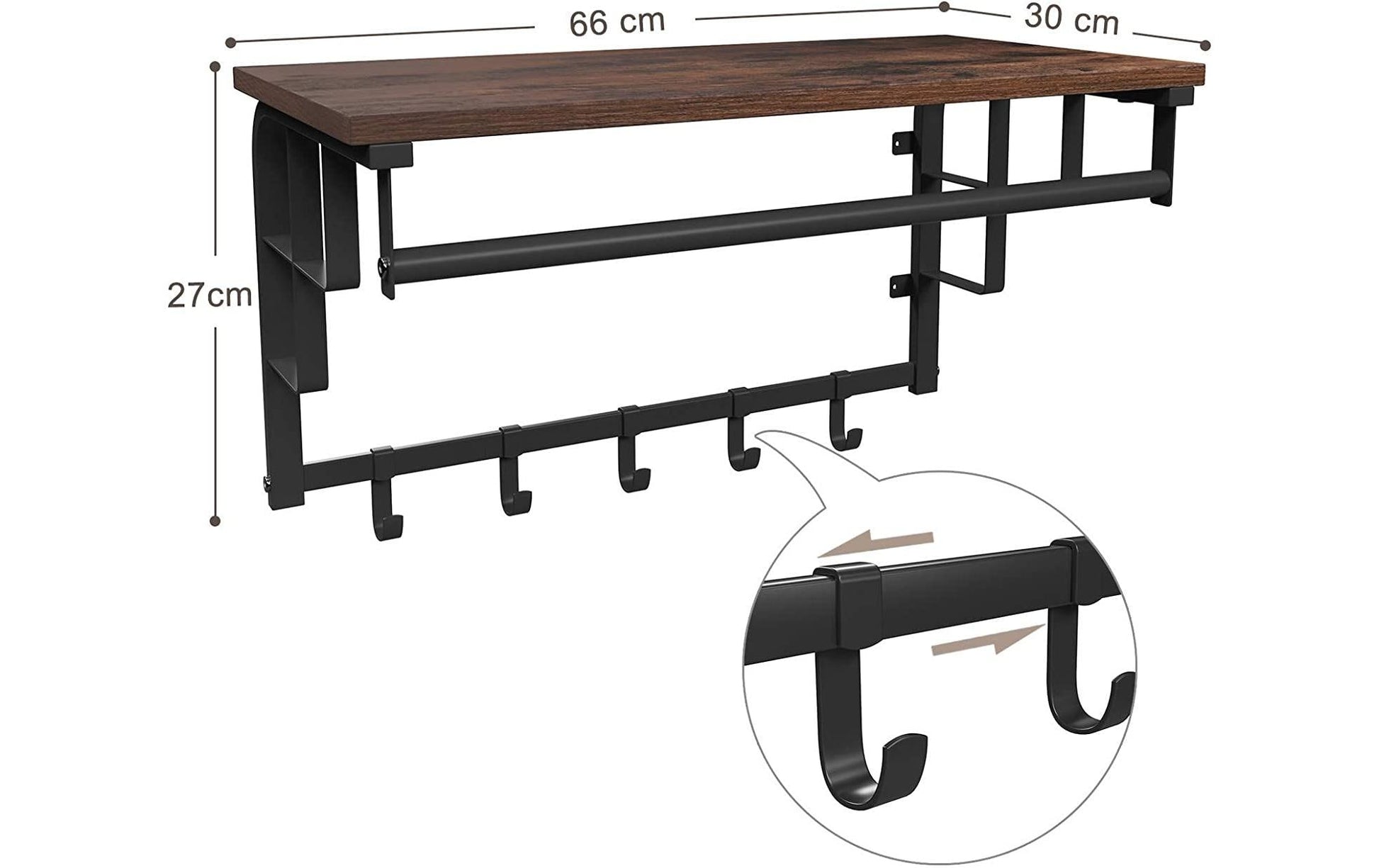 Vasagle Wandgarderobe – 5 Haken, Stahl/MDF, Schwarz/Braun, 66 × 30 × 27 cm