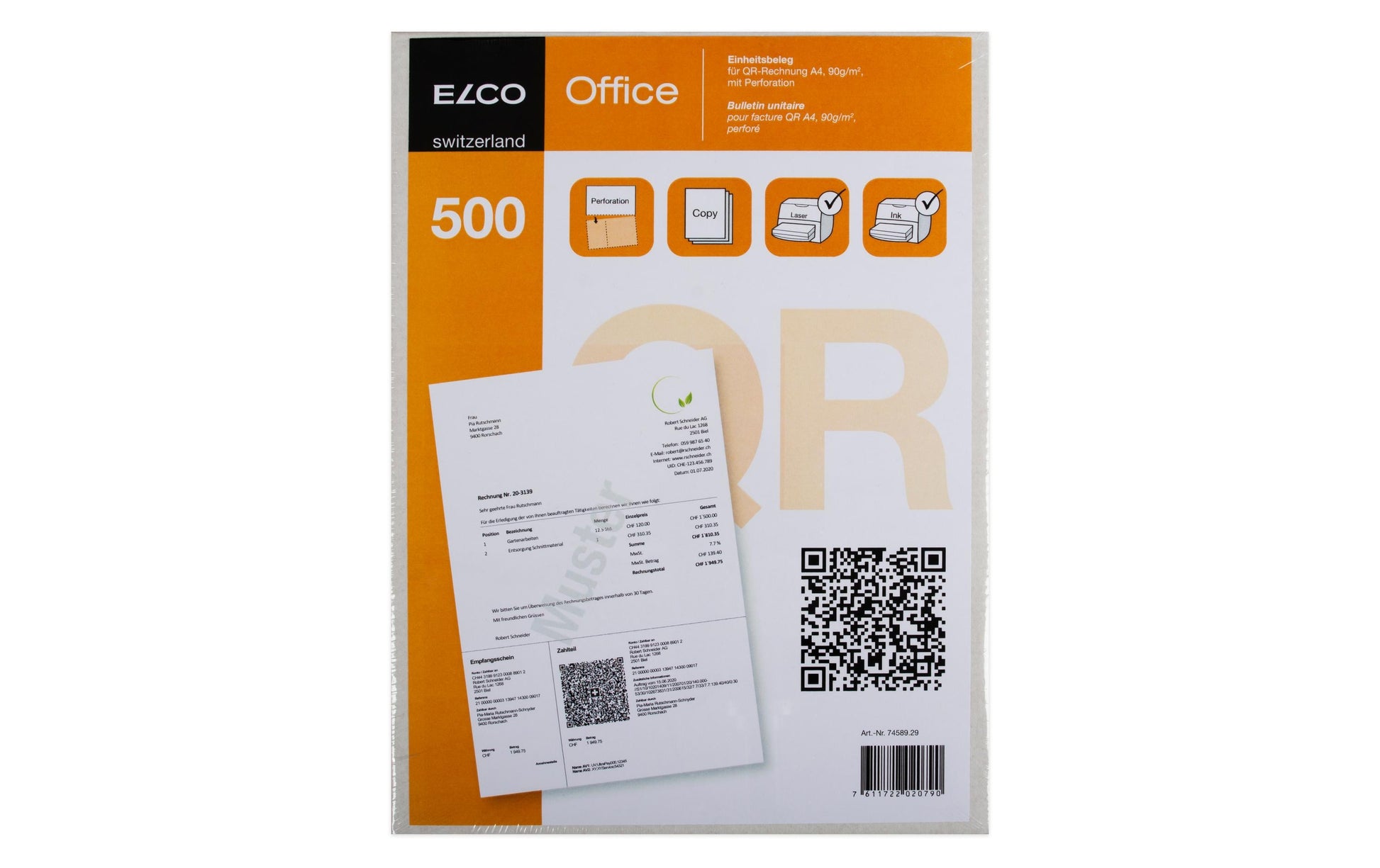 Elco QR-Rechnung A4 – 90 g/m², perforiert, weiss, für Laser/Inkjet, 500 Blatt