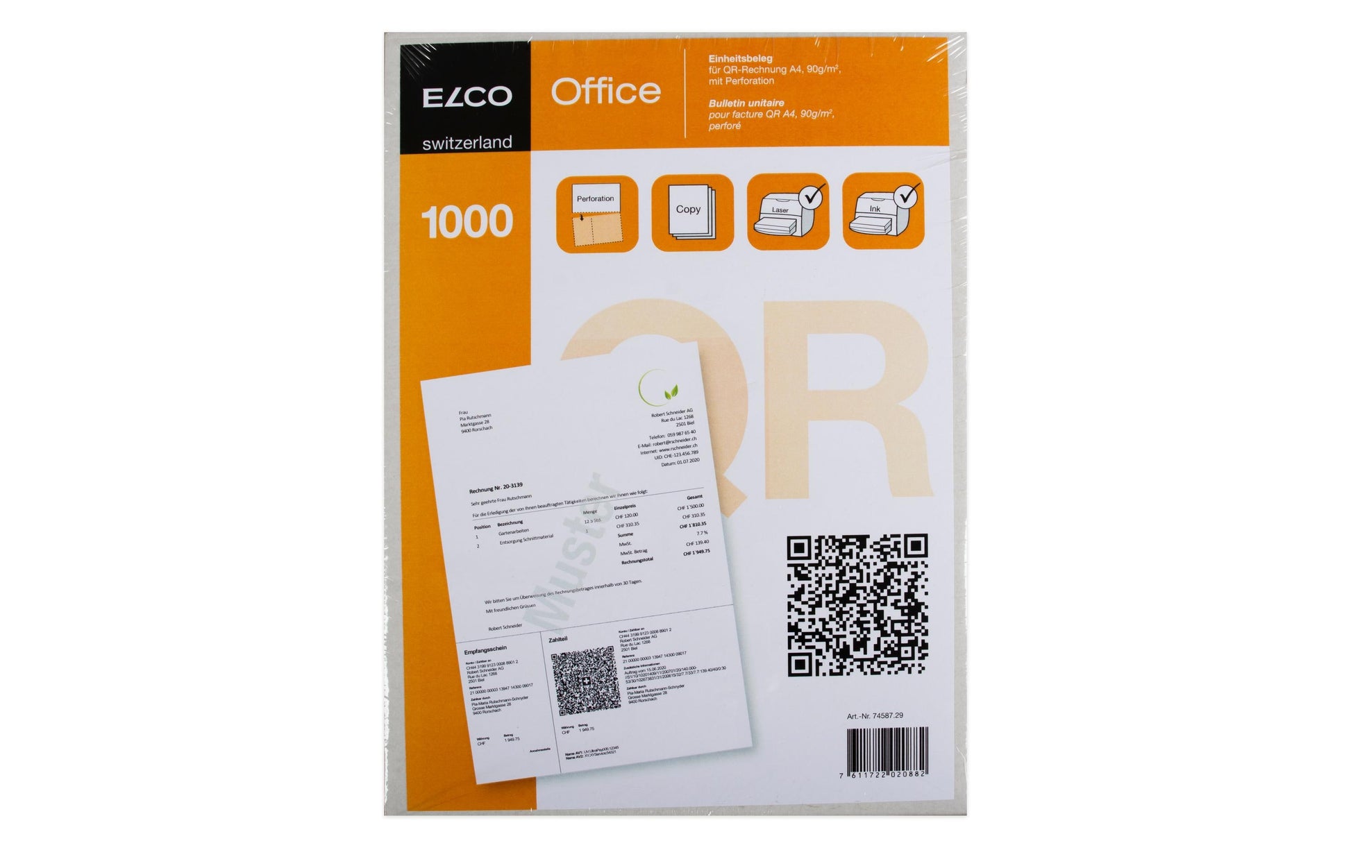 Elco Rechnungsformular für QR-Rechnung – A4 – 90 g/m², perforiert, 1'000 Blatt