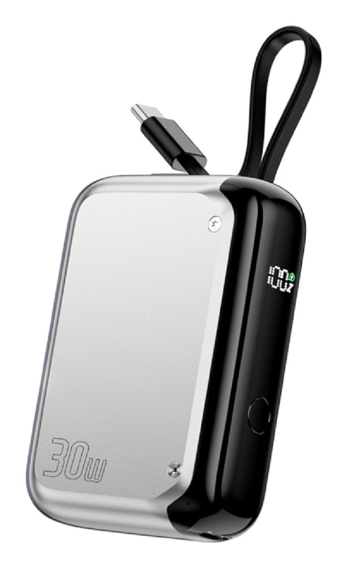 4smarts Powerbank 10000 mAh, PD 30 W, mit integriertem Kabel, für Smartphones, Silber
