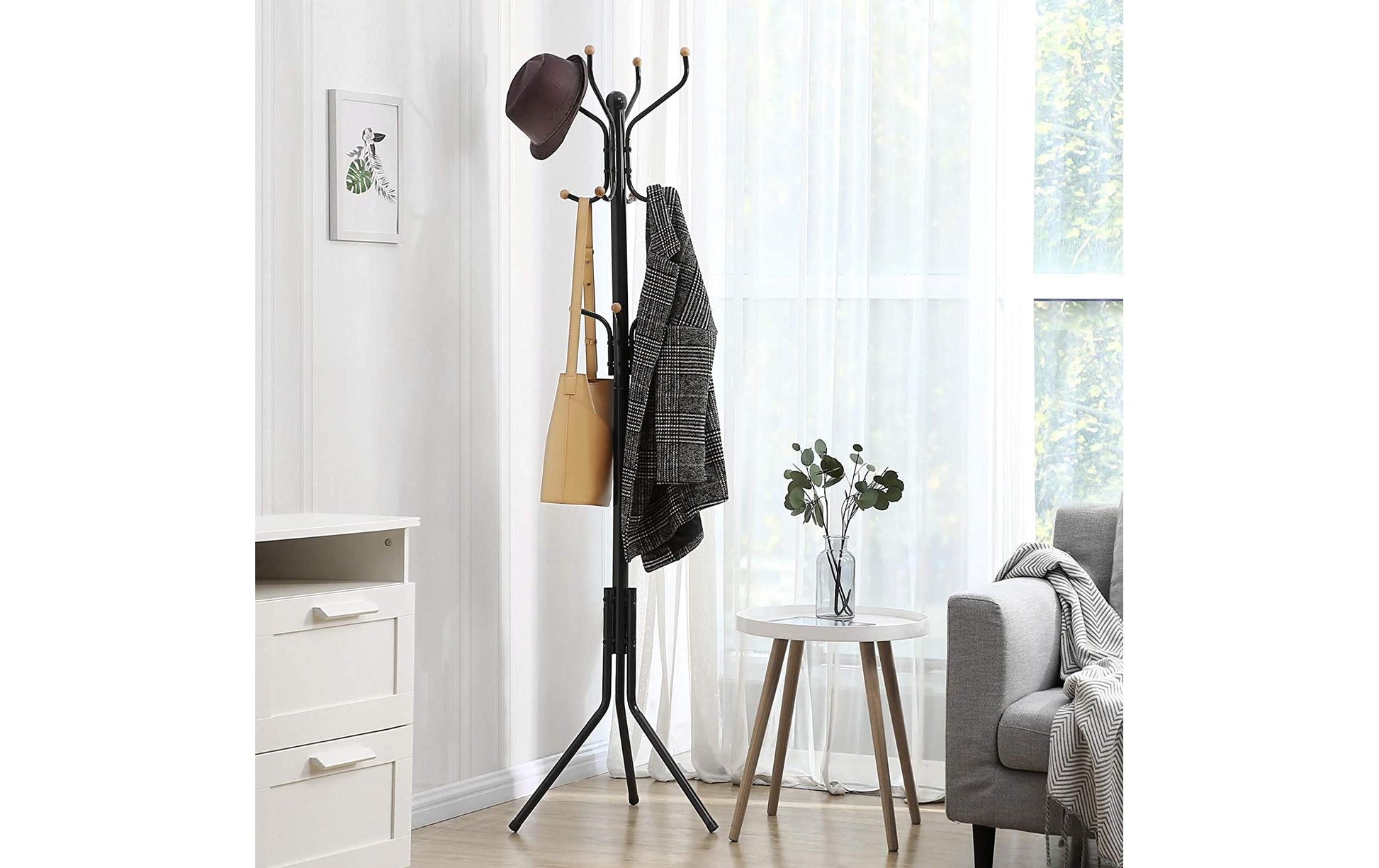 Songmics Garderobenständer – 8 Haken, Stahl, Schwarz, 44 × 44 × 182 cm
