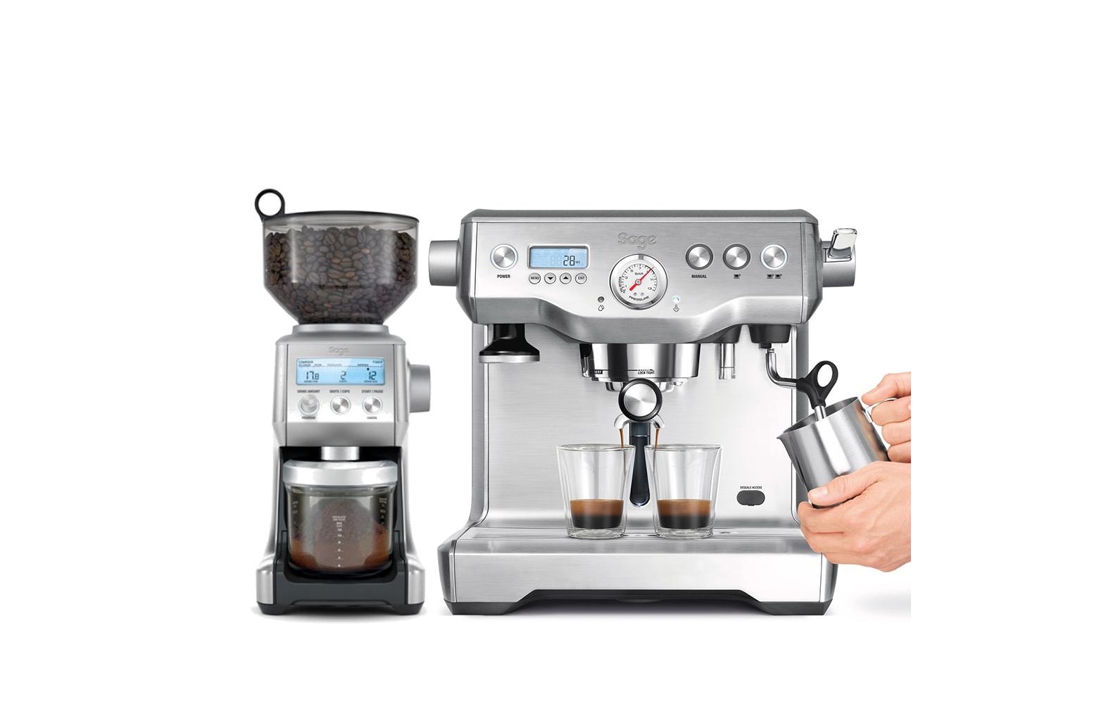 Sage die Dynamic Duo Espressomaschine (Siebträger) – 15 bar, 2,5 l, Milchschaumdüse, silber, 63 × 45 × 45 cm