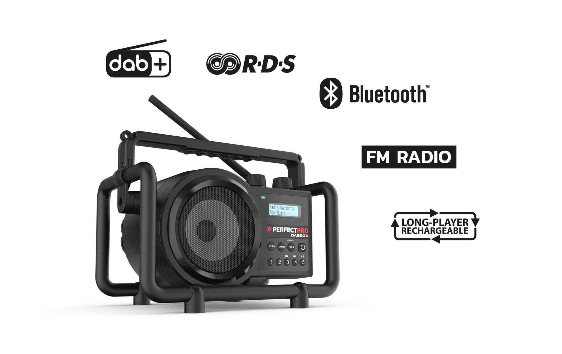 Perfectpro DABBOX – Baustellenradio – DAB+, UKW, Bluetooth, IP54, Akkubetrieb – Schwarz