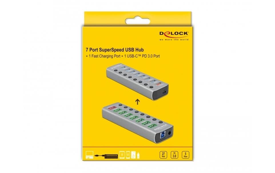 DeLOCK USB-Hub – USB 3.0, 7× USB-A, 1× USB-C PD