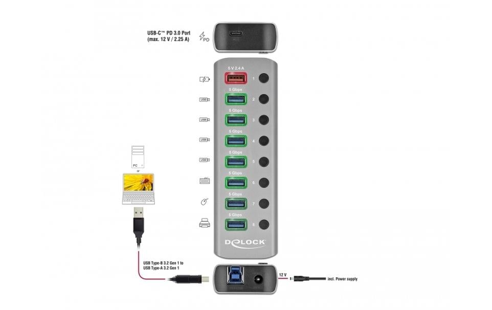 DeLOCK USB-Hub – USB 3.0, 7× USB-A, 1× USB-C PD
