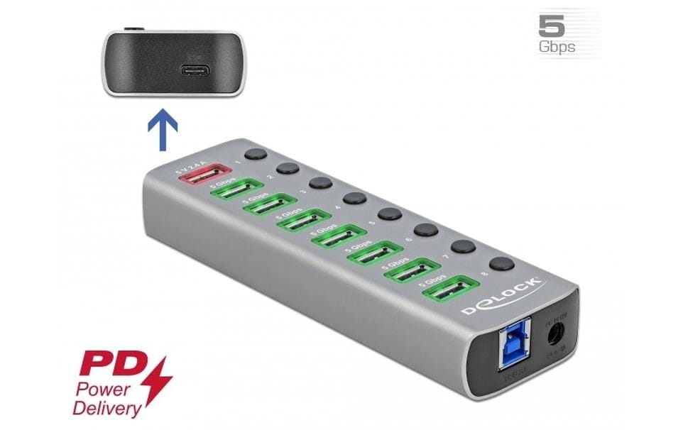 DeLOCK USB-Hub – USB 3.0, 7× USB-A, 1× USB-C PD