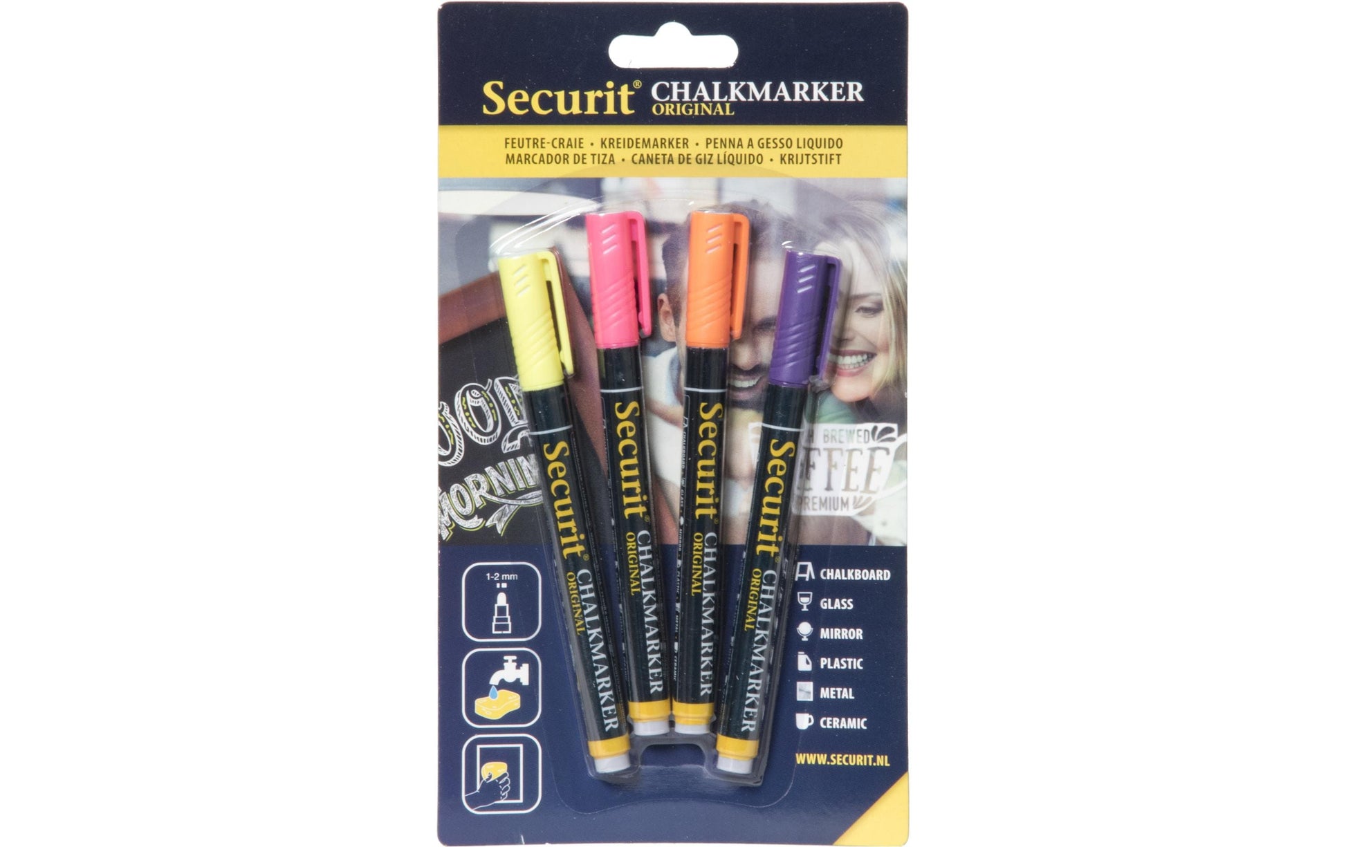 Securit BL-SMA100 Kreidemarker – 1–2 mm – 4er-Set, Orange/Violett/Rot/Gelb