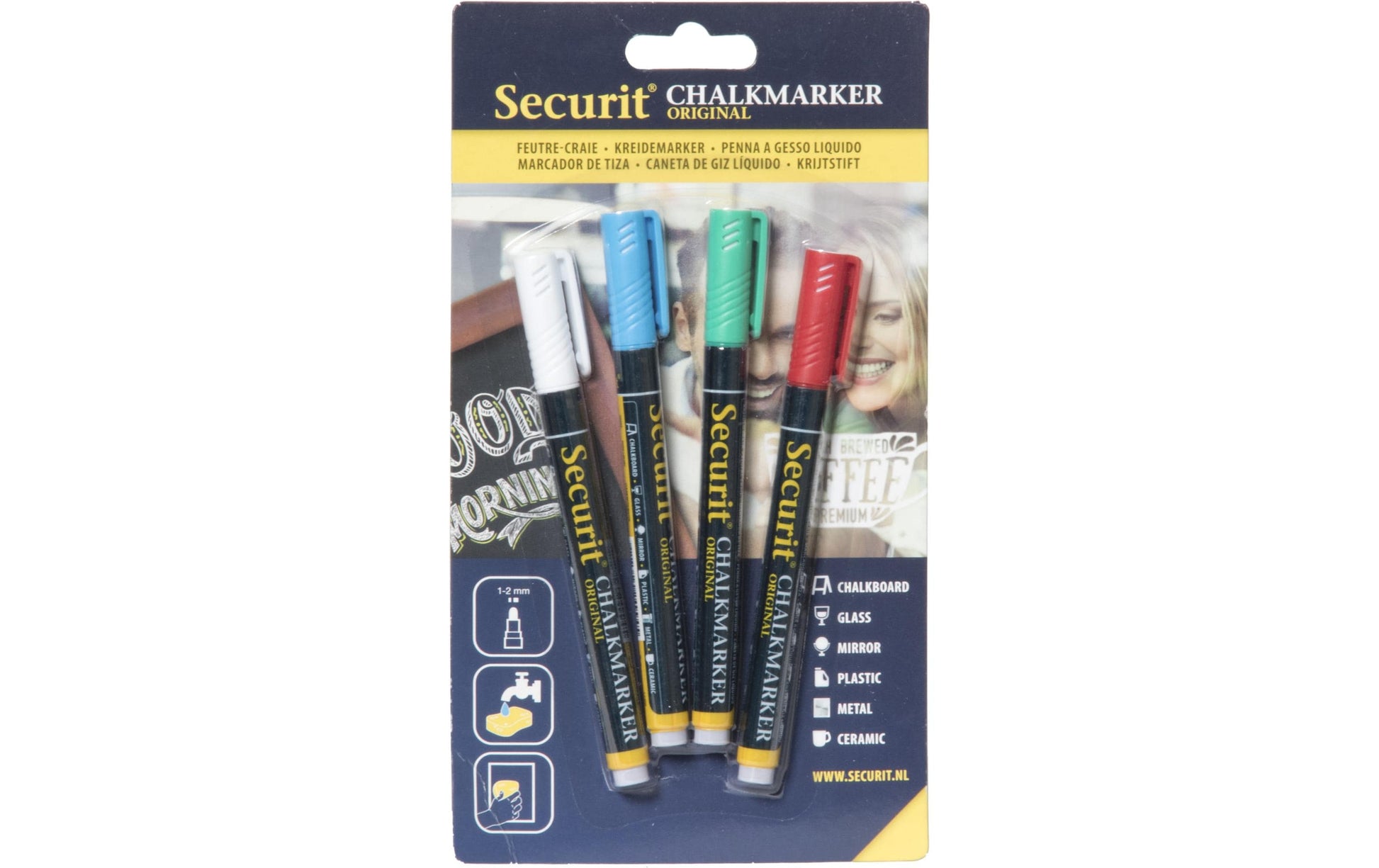 Securit BL-SMA100 Kreidemarker – Rund 1–2 mm – 4er-Set, Blau/Grün/Rot/Weiss, für Glas/Tafel/Metall