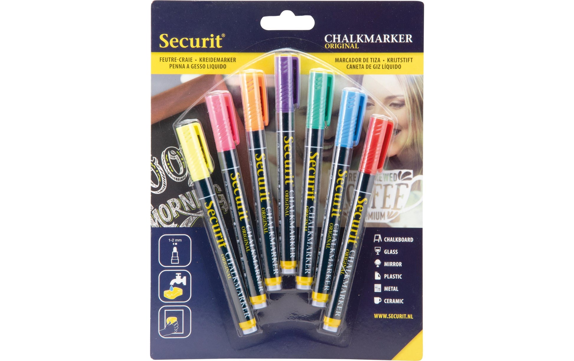 Securit SMA100 Kreidemarker – Rund 1–2 mm – 7er-Set, Gemischte Farben, für Glas und andere glatte Oberflächen