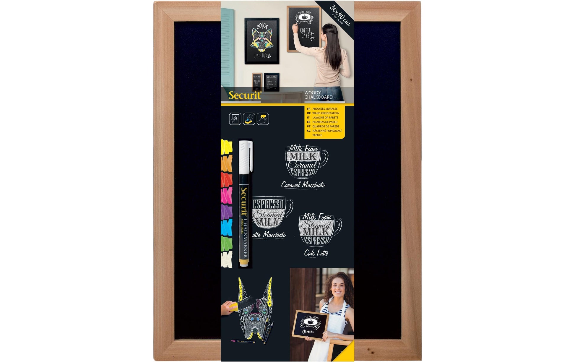 Securit Kreidetafel WOODY – 300 × 400 mm – Holzrahmen, schwarz – beidseitig – Wand, hoch