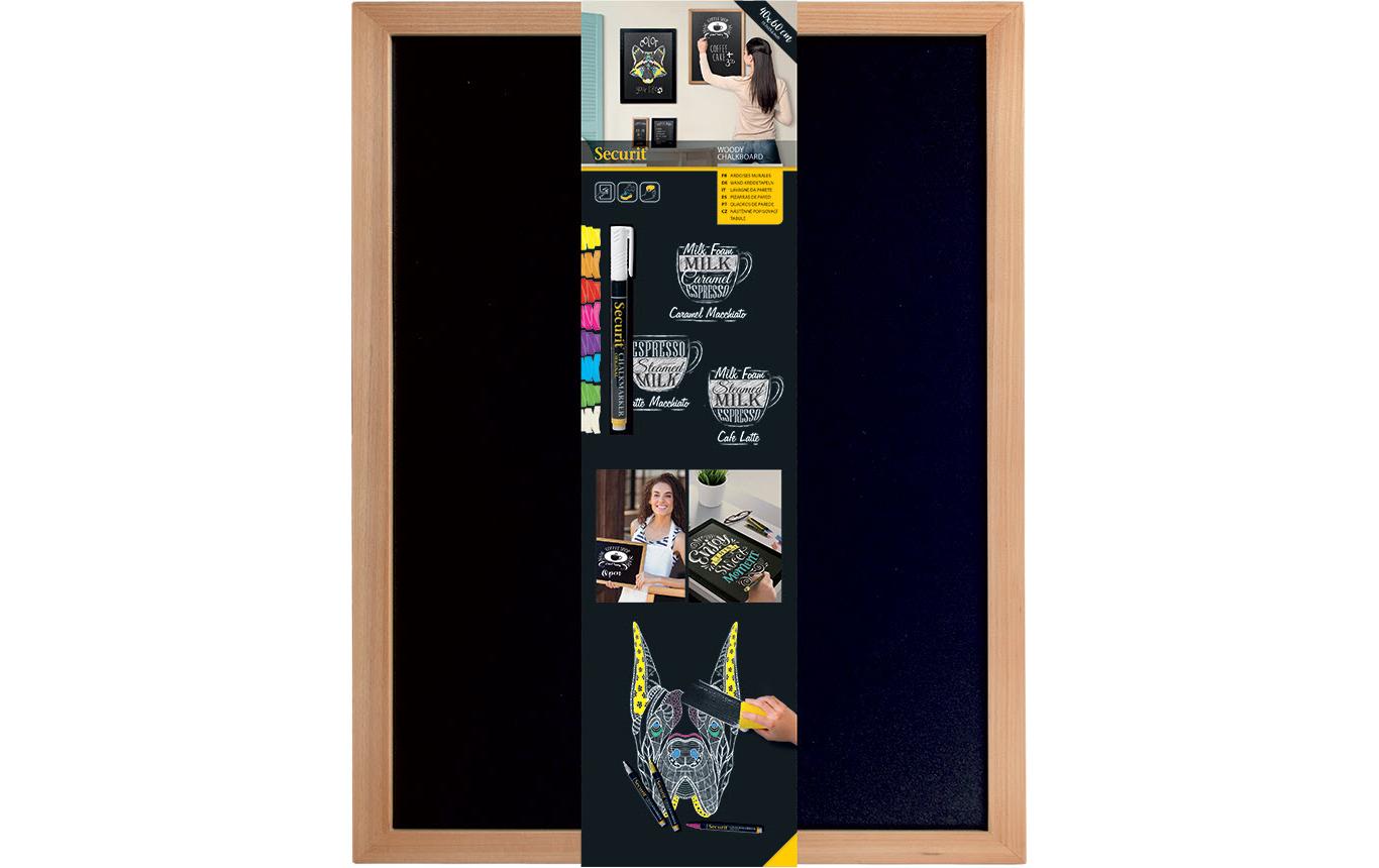 Securit WOODY Kreidetafel – 400 × 600 mm hoch – Holzrahmen, schwarz – doppelseitig – inkl. Wandmontageset
