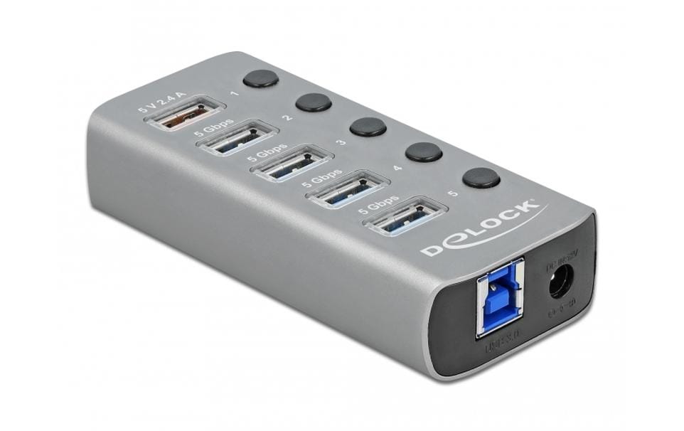 DeLOCK USB-Hub – USB-A, 4× USB (5 Gbit/s), 1× Schnellladeport
