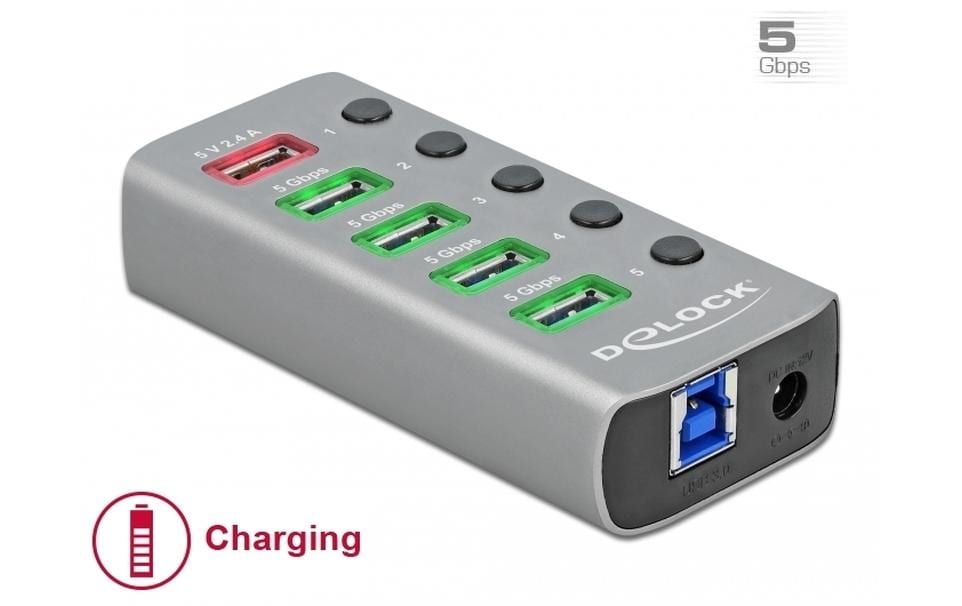 DeLOCK USB-Hub – USB-A, 4× USB (5 Gbit/s), 1× Schnellladeport